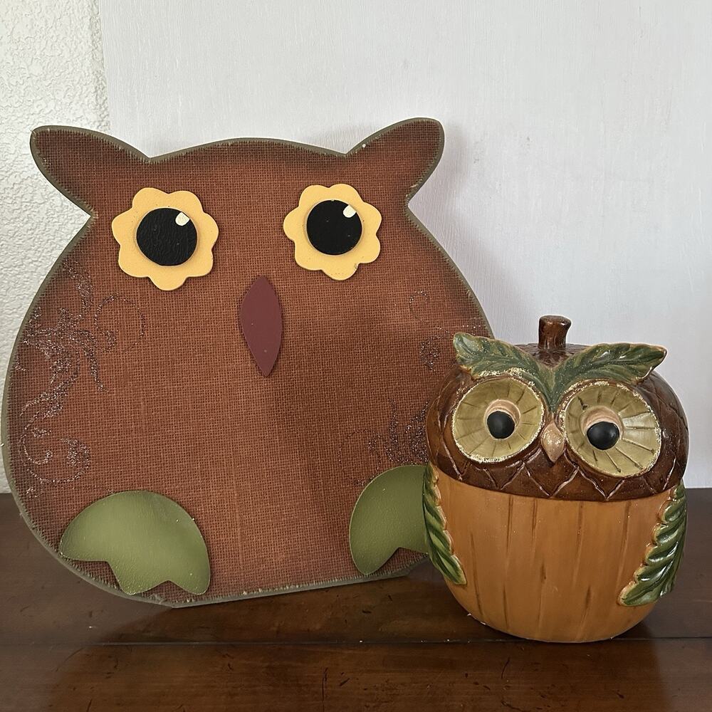Halloween Owl Pumpkin Tabletop Decor Primative Folk Art Fall 2 Pc Harvest Autumn
